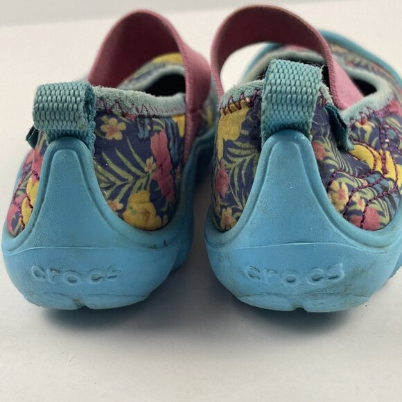 Crocs SlipOn Duet Busy Day Mary Jane Shoes Girls C9 Blue Floral Canvas Rubber - Picture 7 of 11
